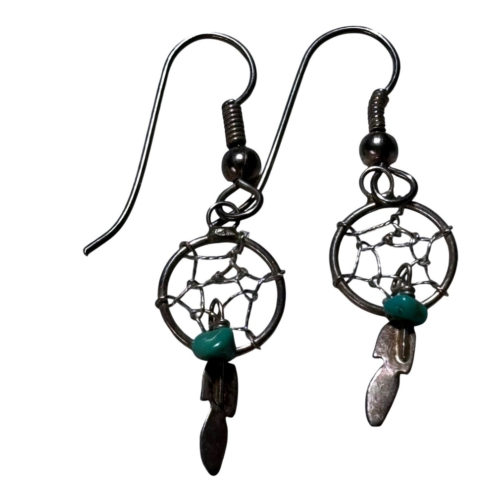 Dreamcatcher Earrings Silver Turquoise Stone Feather Dangle Boho Southwestern